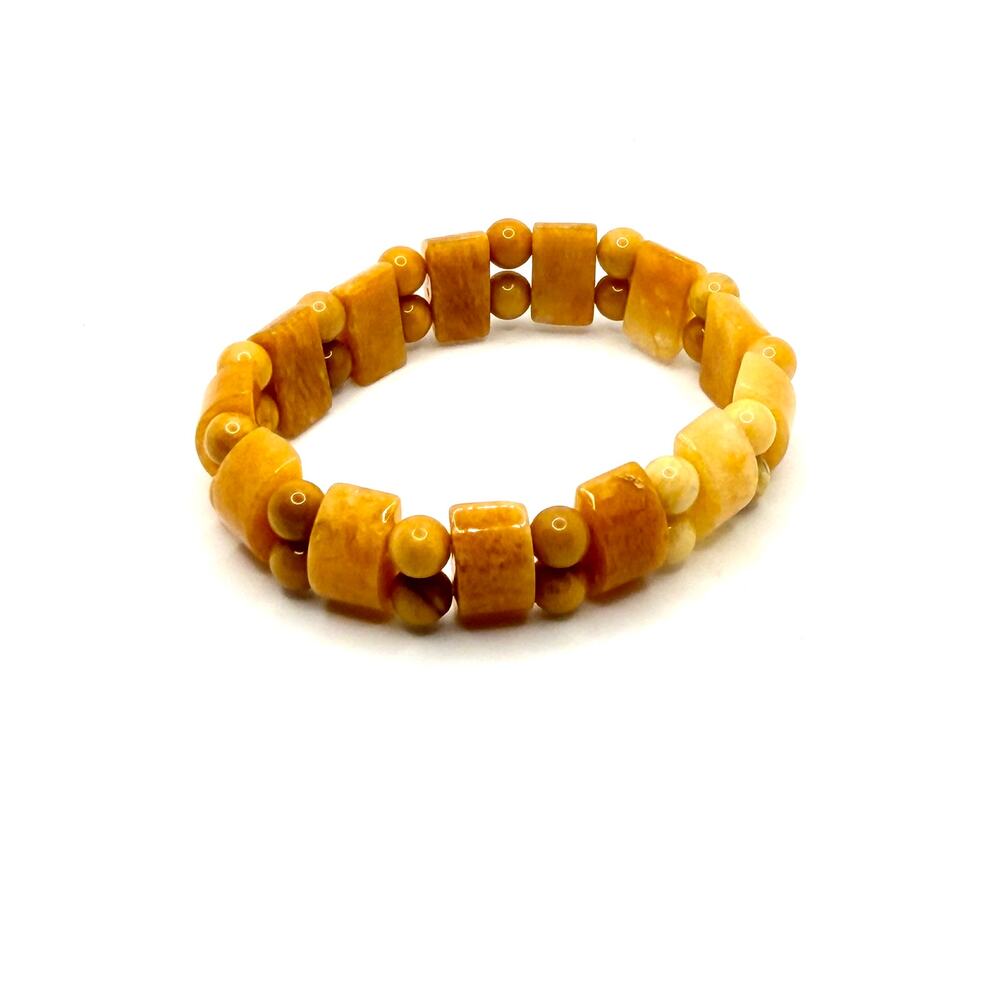 Vintage 90s Yellow Baltic Amber Barrel Bead Double Strand Stretch Bracelet